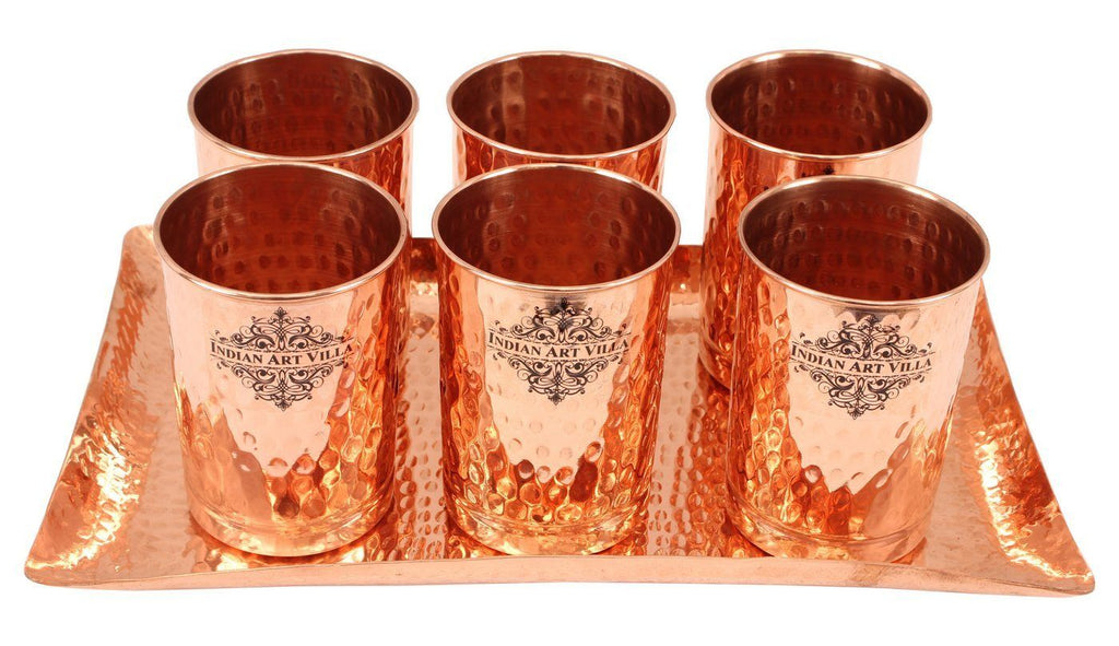 Set of 6 Copper Hammered Goblet Glass Tumbler | 300 ML each | with 1 Rectangular Serving Tray Platter Copper Ware Drink Ware Combo Indian Art Villa