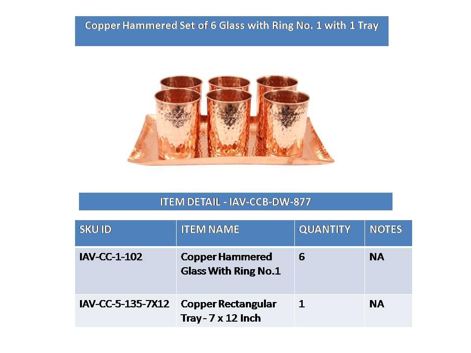Set of 6 Copper Hammered Goblet Glass Tumbler | 300 ML each | with 1 Rectangular Serving Tray Platter Copper Ware Drink Ware Combo Indian Art Villa