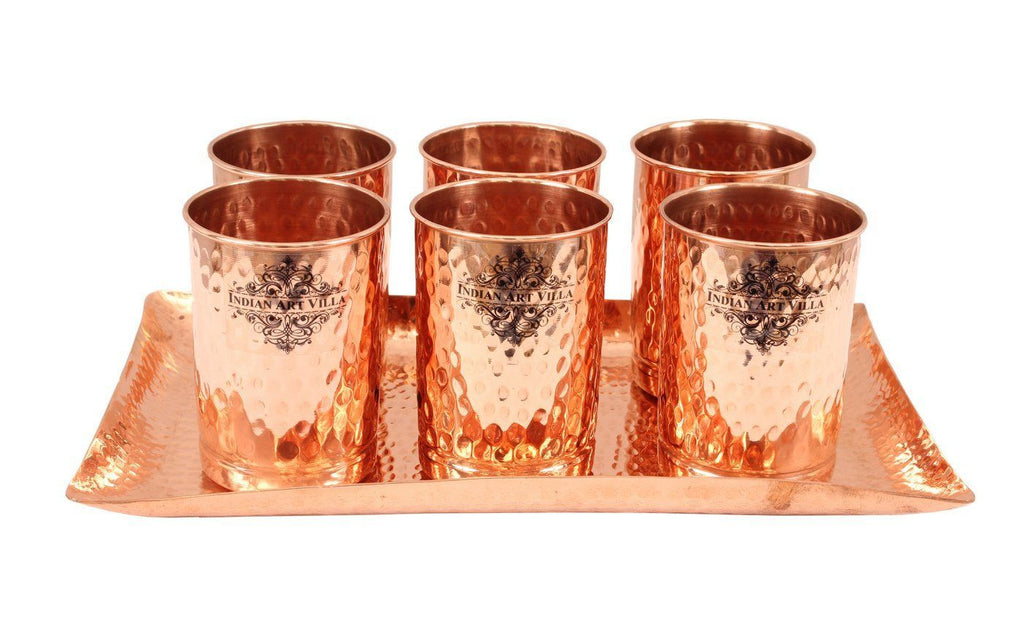 Set of 6 Copper Hammered Goblet Glass Tumbler | 300 ML each | with 1 Rectangular Serving Tray Platter