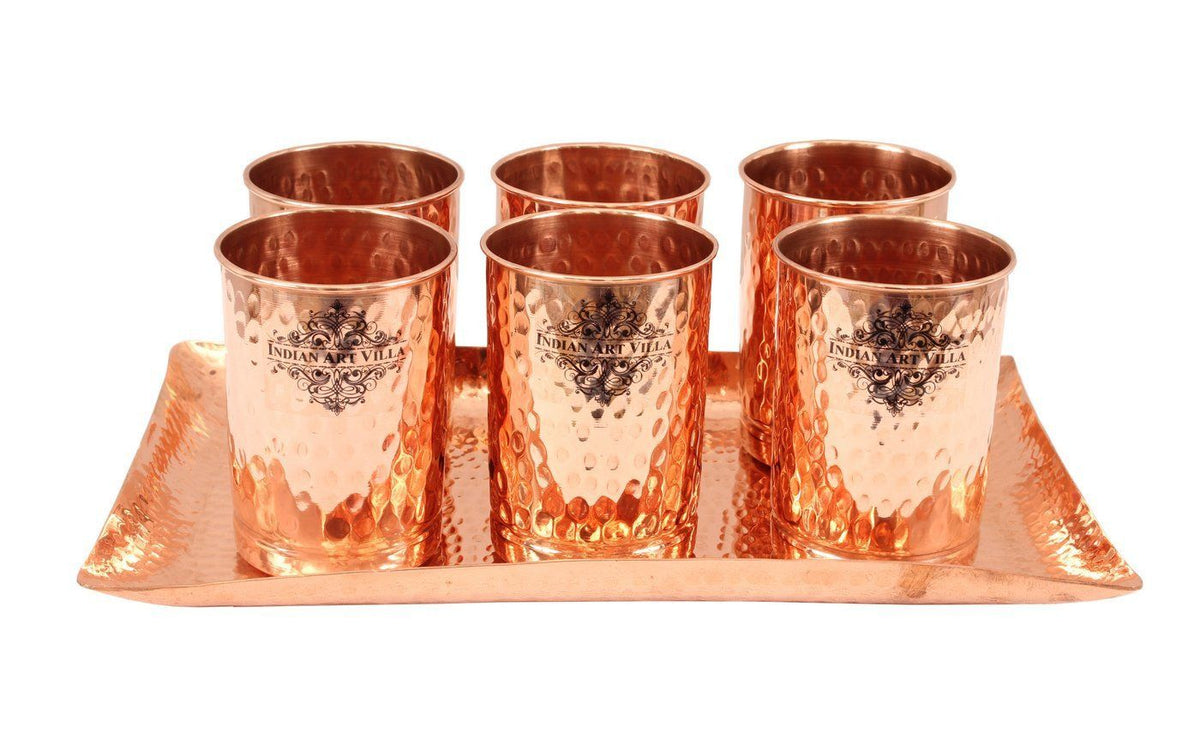 INDIAN ART VILLA Set of 6 Copper Hammered Goblet Glass Tumbler | 300 ML each | with 1 Rectangular Serving Tray Platter