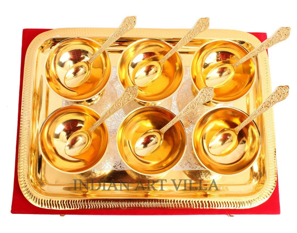 Set of 6 Gold Polished Ice Cream Bowl Tray and 6 Gold Polished Spoon Silver Plated Combo Sets Indian Art Villa
