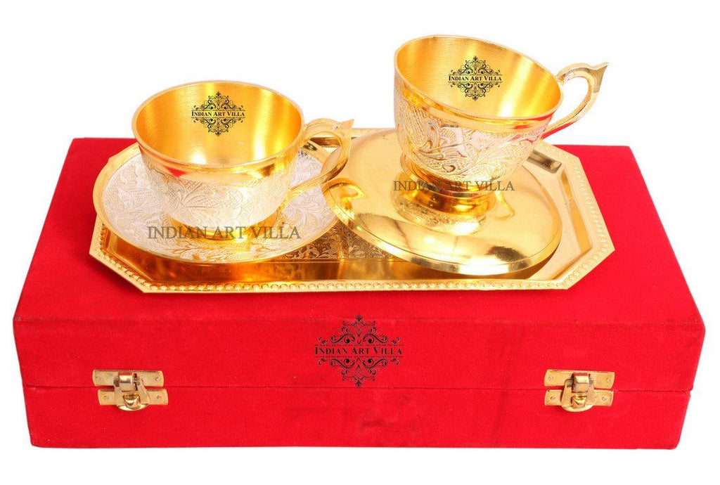 Set of Silver Plated Gold Polished Cup Saucers with 1 Tray Silver Plated Combo Sets Indian Art Villa