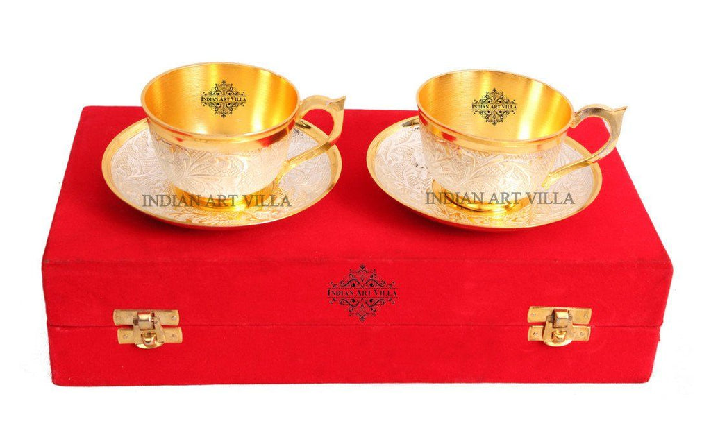 Set of Silver Plated Gold Polished Cup Saucers with 1 Tray Silver Plated Combo Sets Indian Art Villa