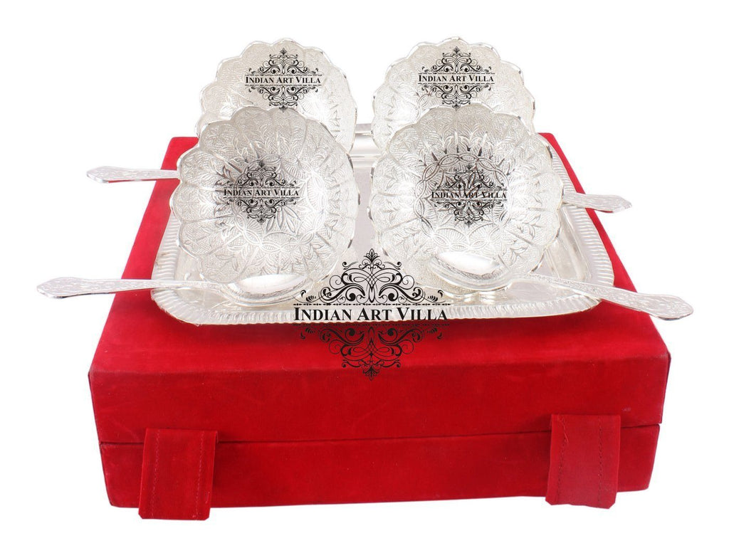 Silver Plated Designer Set of 4 Bowl with 4 Spoon & 1 Tray Silver Plated Combo Sets Indian Art Villa