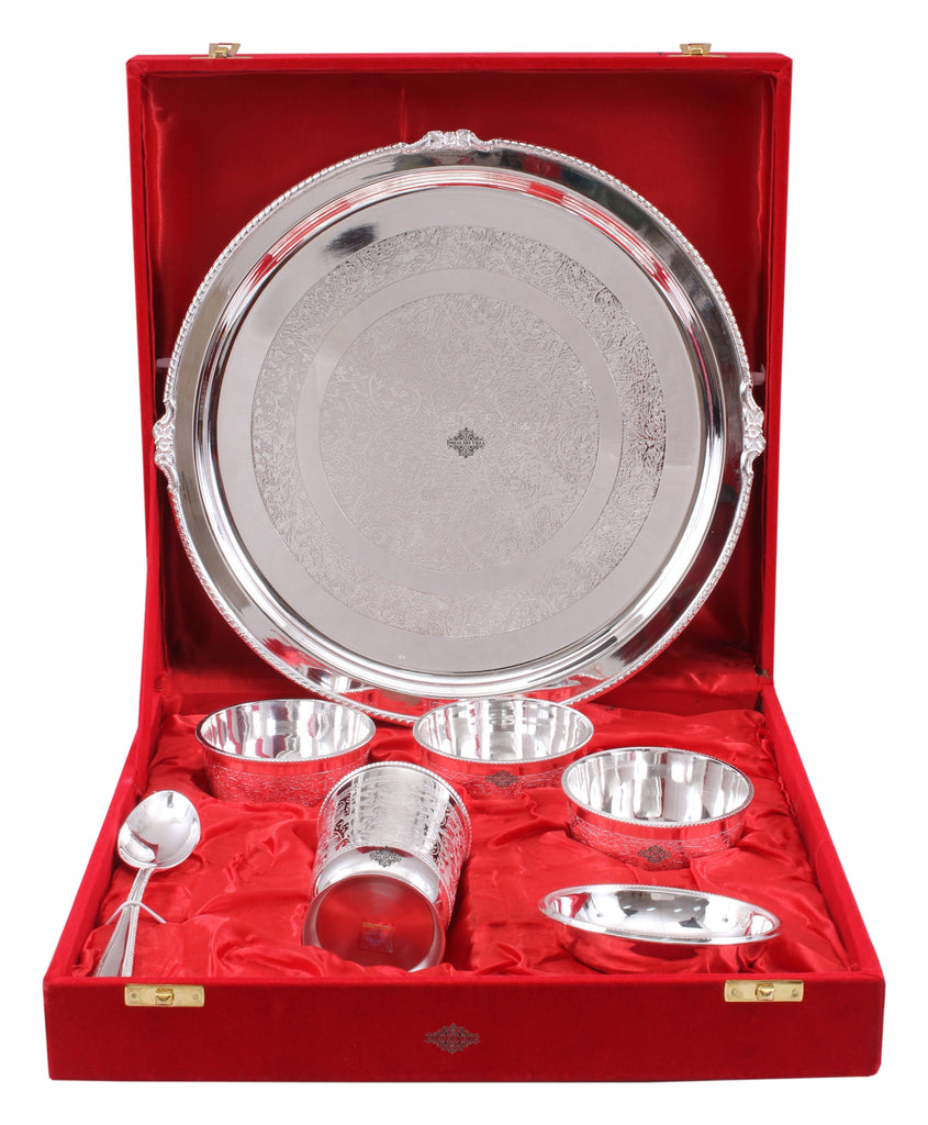 Silver Plated Embossed Design Thali Set 3 Bowl 1 Glass 1 Chuttni Bowl 1 Spoon 1 Plate (7 Pieces) Silver Plated Dinner Sets SP-1