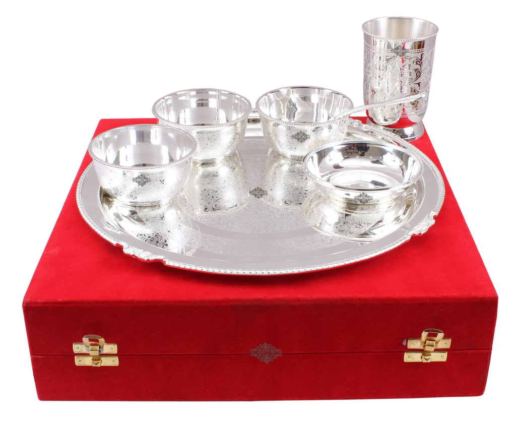 Silver Plated Embossed Design Thali Set 3 Bowl 1 Glass 1 Chuttni Bowl 1 Spoon 1 Plate (7 Pieces) Silver Plated Dinner Sets SP-1