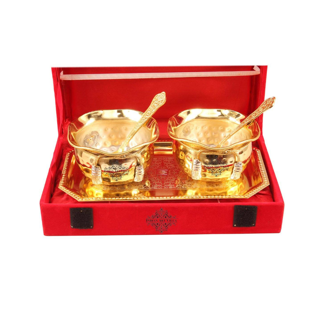 Silver Plated Gold Polish M Design Bowl with 2 Spoon & 1 Tray Silver Plated Combo Sets SP-3