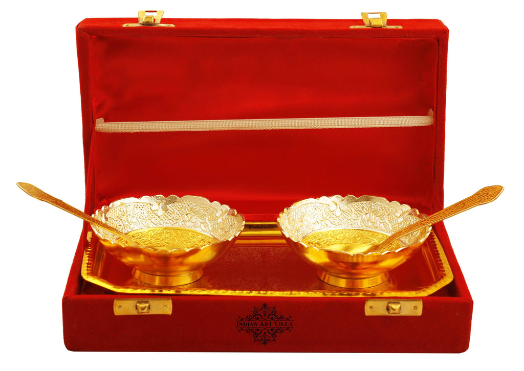Silver Plated Gold Polished Embossed Flower Design 2 Bowl with 2 Spoon & 1 Tray Silver Plated Combo Sets IAV-SP-8-102-SG-2