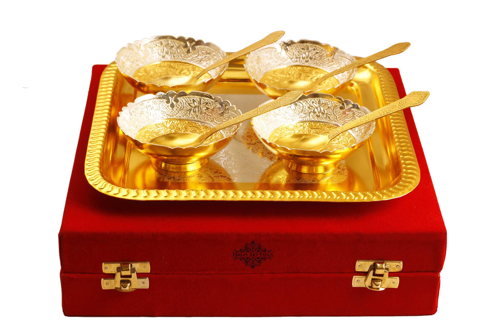 Silver Plated Gold Polished Embossed Flower Design 4 Bowl with 4 Spoon & 1 Tray Silver Plated Combo Sets IAV-SP-8-102-SG-4