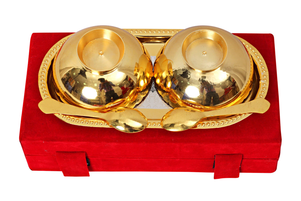 Silver Plated Gold Polished Set of 2 Bowl with Spoon & Oval Tray (5 Pieces) Silver Plated Combo Sets SP-3