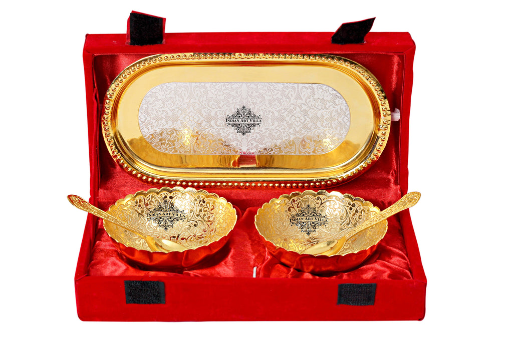 Silver Plated Gold Polished Set of 2 Bowl with Spoon & Oval Tray (5 Pieces)