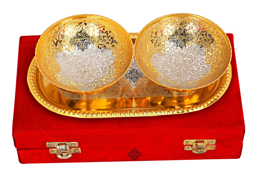 Silver Plated Gold Polished Set of 2 Bowl with Tray ( 3 Pieces) Silver Plated Combo Sets SP-3