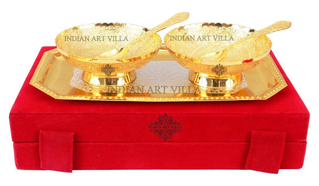 Silver Plated Gold Polished Set of 2 Desert Bowl 2 Spoon and 1 Tray Silver Plated Combo Sets Indian Art Villa