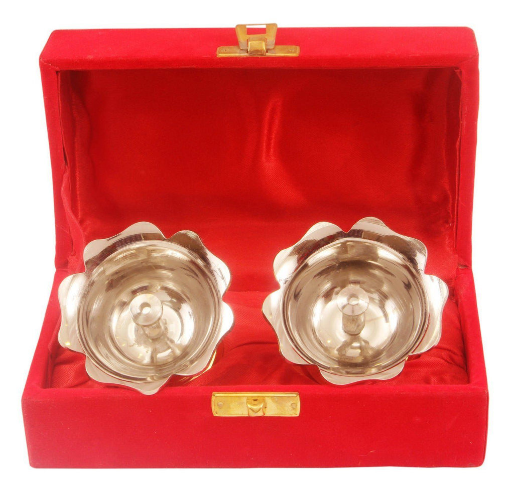 Silver Plated Gold Polished Set of 2 Diya Deepak Silver Plated Worship Plates Indian Art Villa
