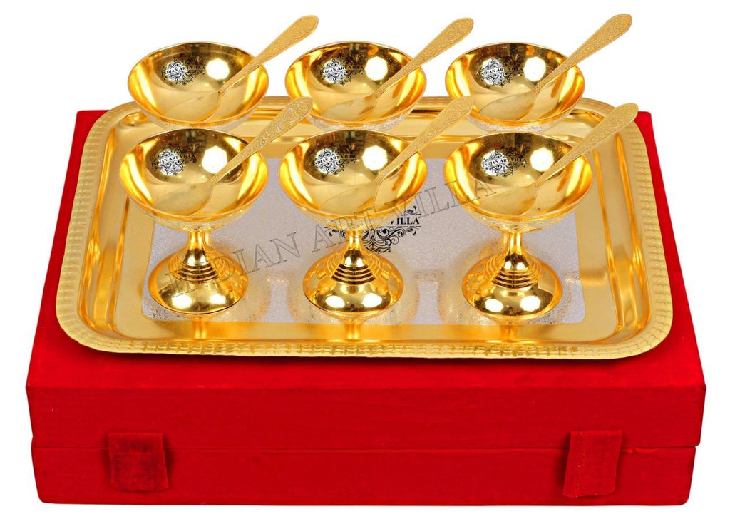 Silver Plated Gold Polished, Set of 6 Ice Cream Bowl with 6 Spoon & 1 Tray Silver Plated Combo Sets SP-3 