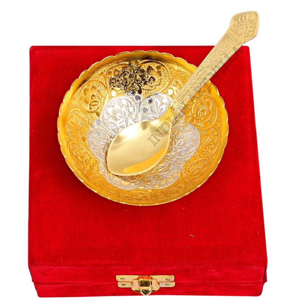 Silver Plated Gold Polished, Set of Designer Bowl with 1 Spoon Silver Plated Combo Sets SP-3 
