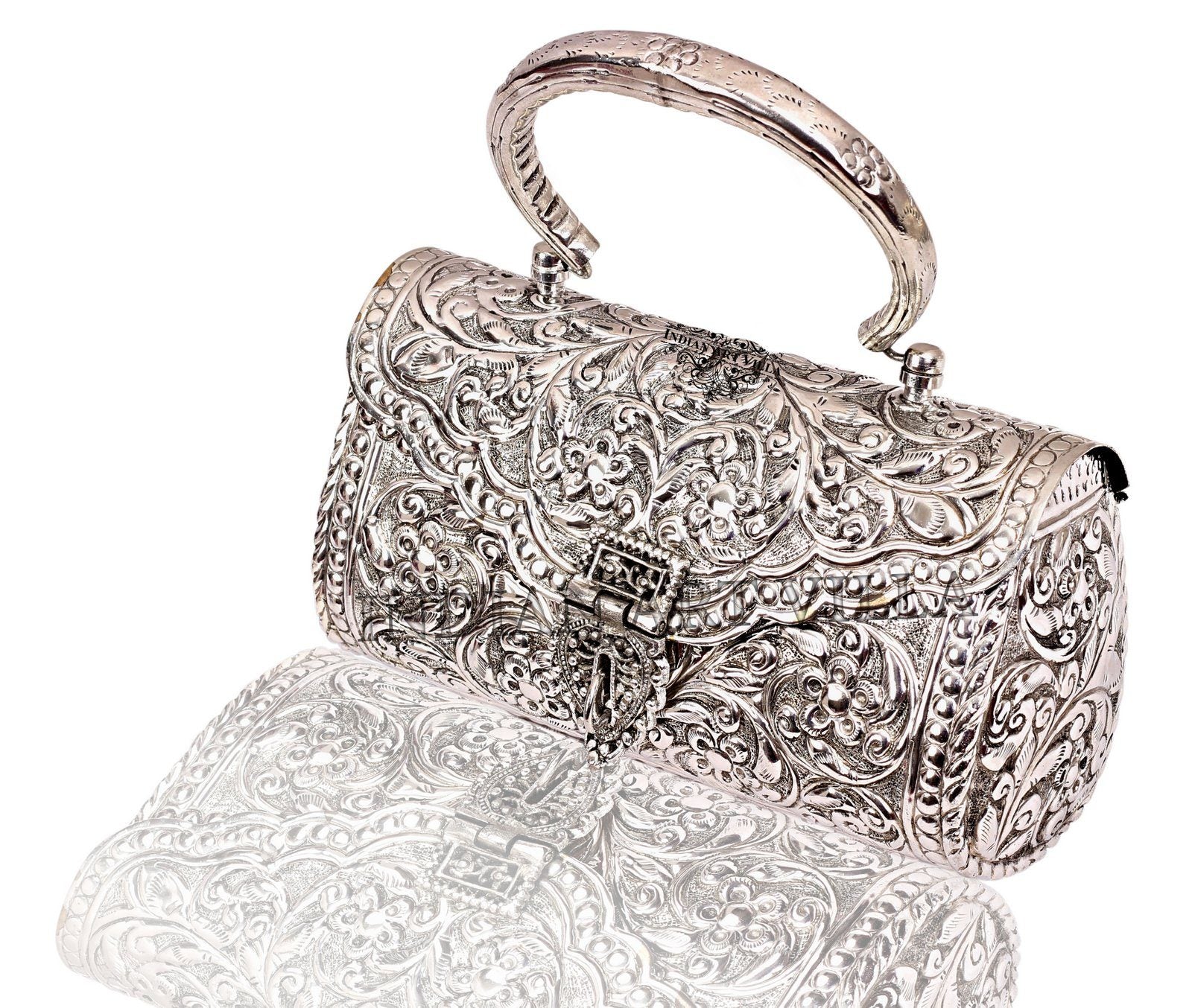 Indian pure handcrafted Antique silver Metal Clutch bag Party Sling handbag