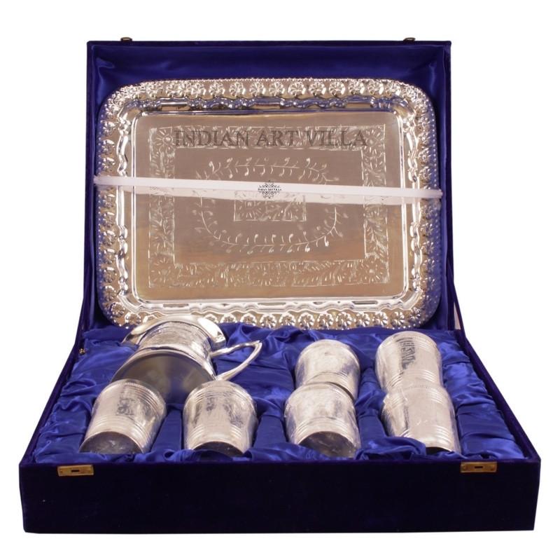 Silver Plated Pitcher Jug, 6 Glass Tumbler & a Serving Tray Gift Box