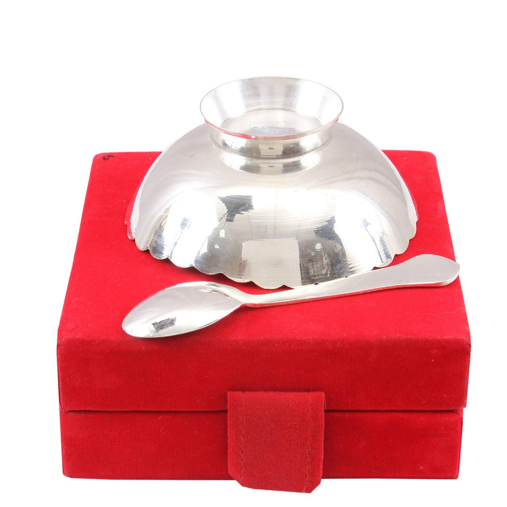 Silver Plated Set of 1 Designer Bowl with 1 Spoon 150 ML Silver Plated Combo Sets SP-3