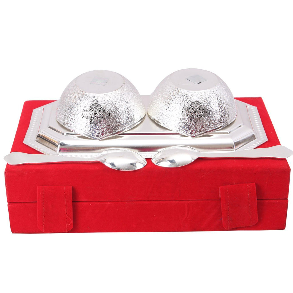 Silver Plated Set of 2 Mango Design Bowl with 2 Spoon & 1 Tray Silver Plated Combo Sets SP-3