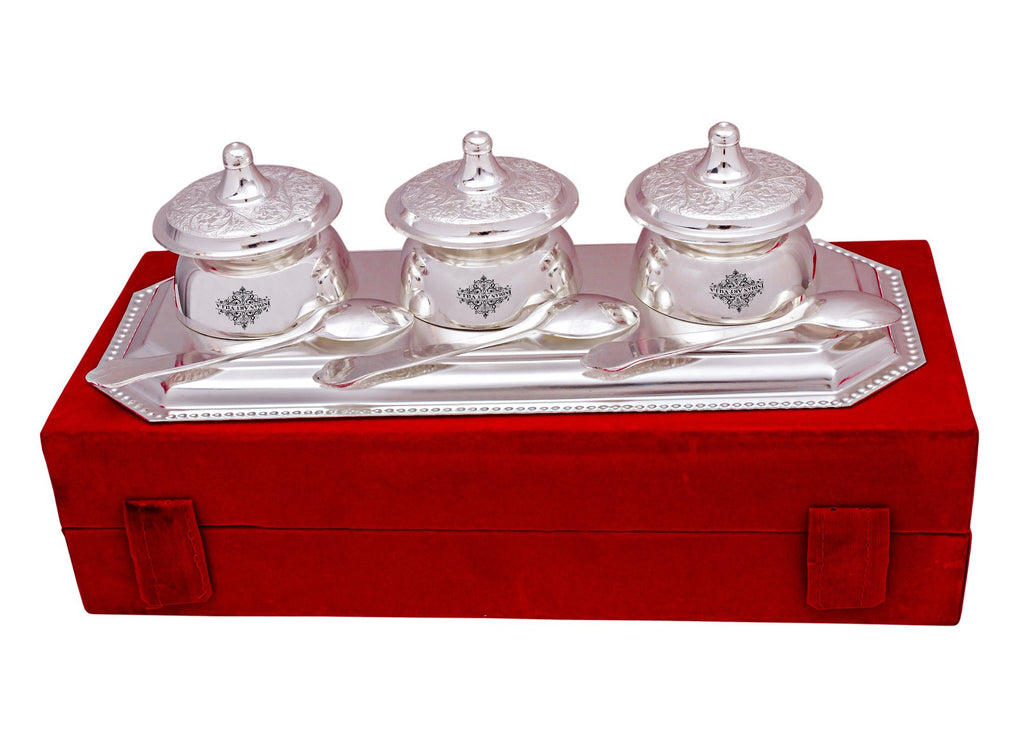 Silver Plated Set of 3 Beetel Bowl with 3 Spoon & 1 Tray ( 7 Pieces) Silver Plated Combo Sets SP-3