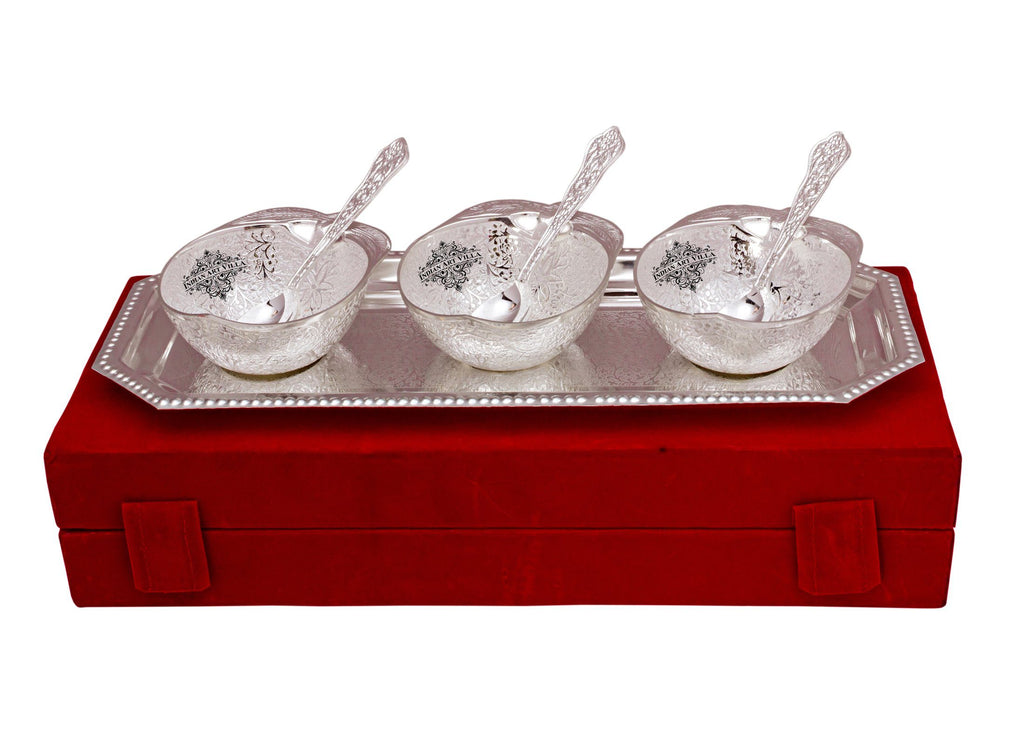 Silver Plated Set of 3 Mango Design Bowl with 3 Spoon & 1 Tray ( 7 Pieces) Silver Plated Combo Sets SP-3