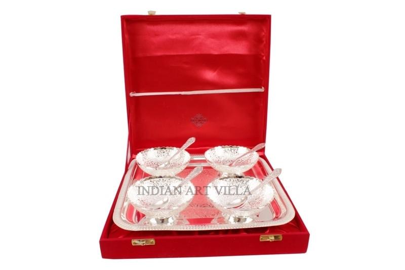 Silver Plated Set of 4 Bowl Deep Dish 4 Spoons 1 Serving Tray Gift Box