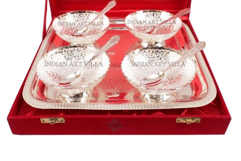 Silver Plated Set of 4 Bowl Deep Dish 4 Spoons 1 Serving Tray Gift Box Silver Plated Combo Sets Indian Art Villa