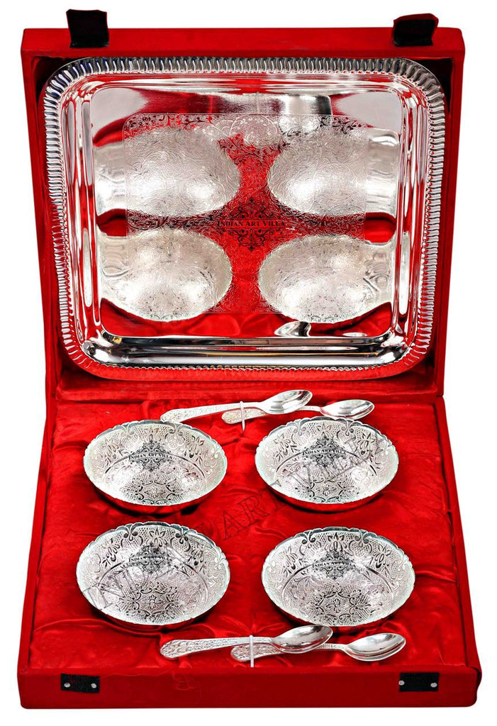 Silver Plated Set of 4 Designer Bowl & 4 Spoon & 1 Tray ( 9 Pieces )