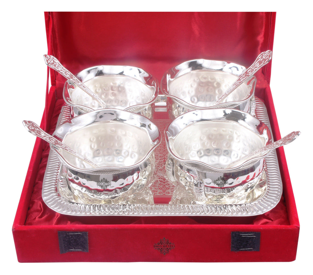 Silver Plated Set of 4 M Design Bowl with 4 Spoon & 1 Tray Silver Plated Combo Sets SP-3