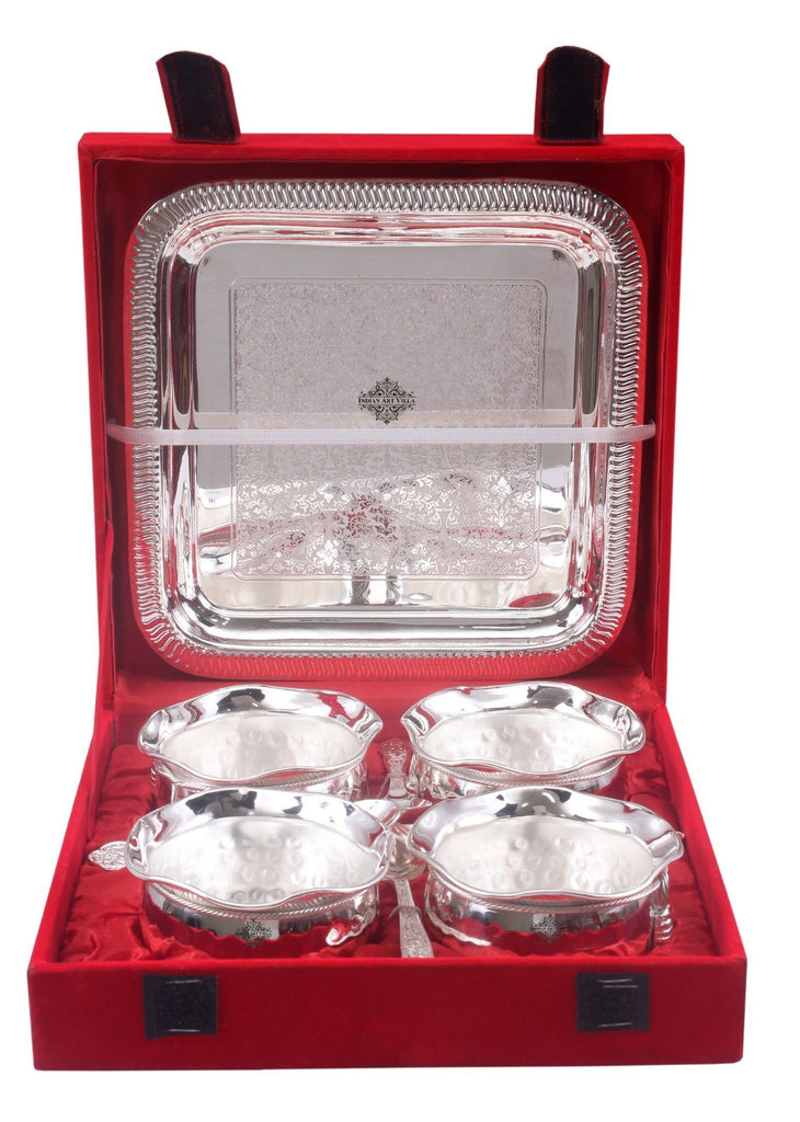 Silver Plated Set of 4 M Design Bowl with 4 Spoon & 1 Tray