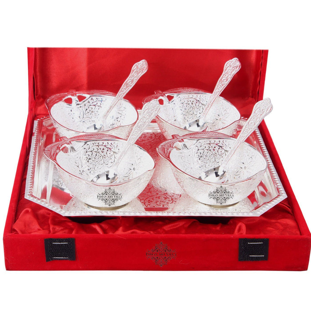 Silver Plated Set of 4 Mango Design Bowl with 4 Spoon & 1 Tray Silver Plated Combo Sets SP-3