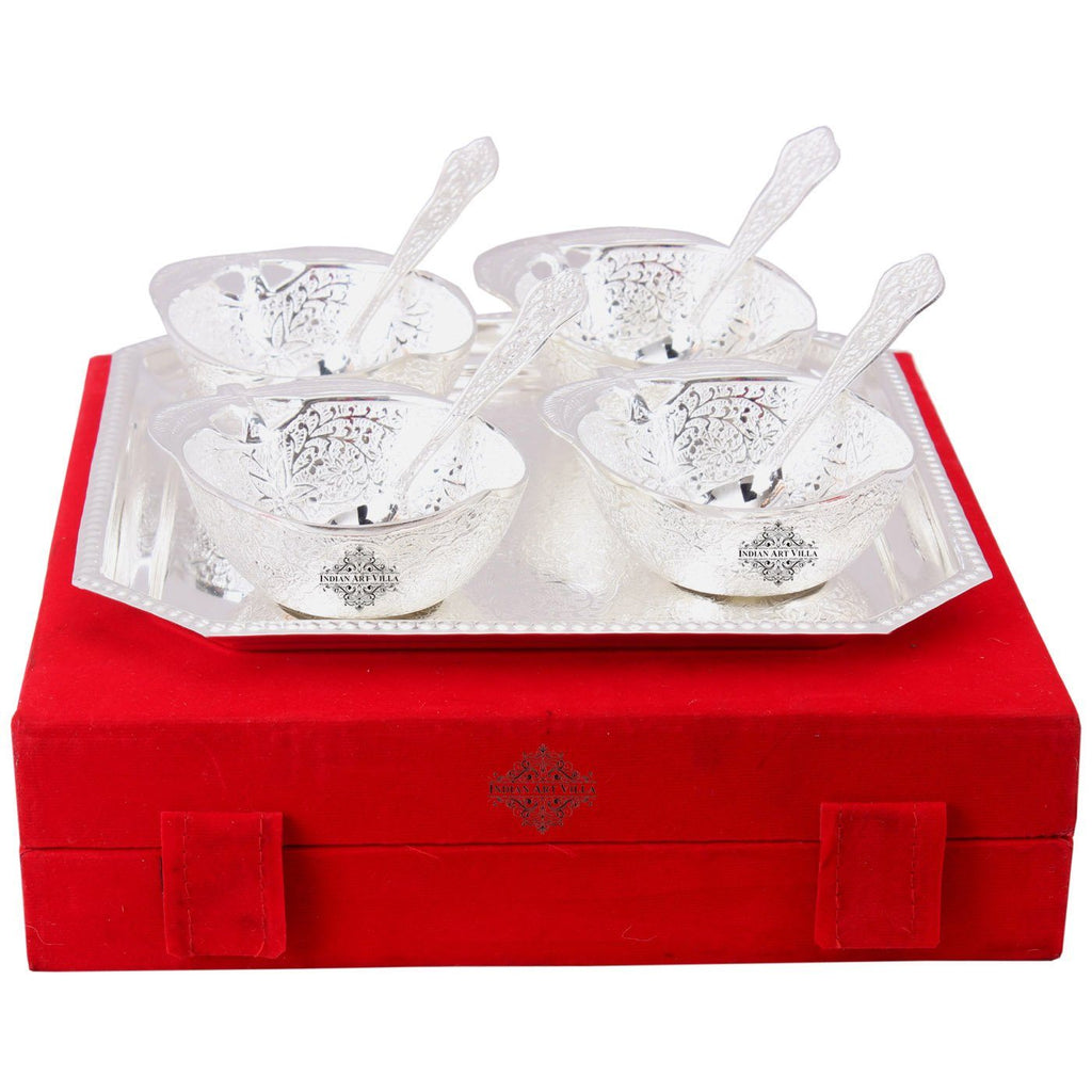 Silver Plated Set of 4 Mango Design Bowl with 4 Spoon & 1 Tray Silver Plated Combo Sets SP-3