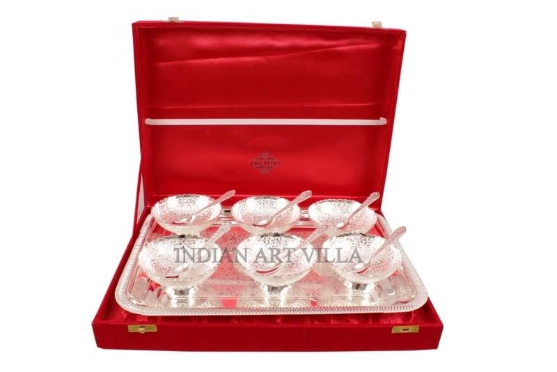 Silver Plated Set of 6 Bowl Deep Dish 6 Spoons 1 Serving Tray Gift Box