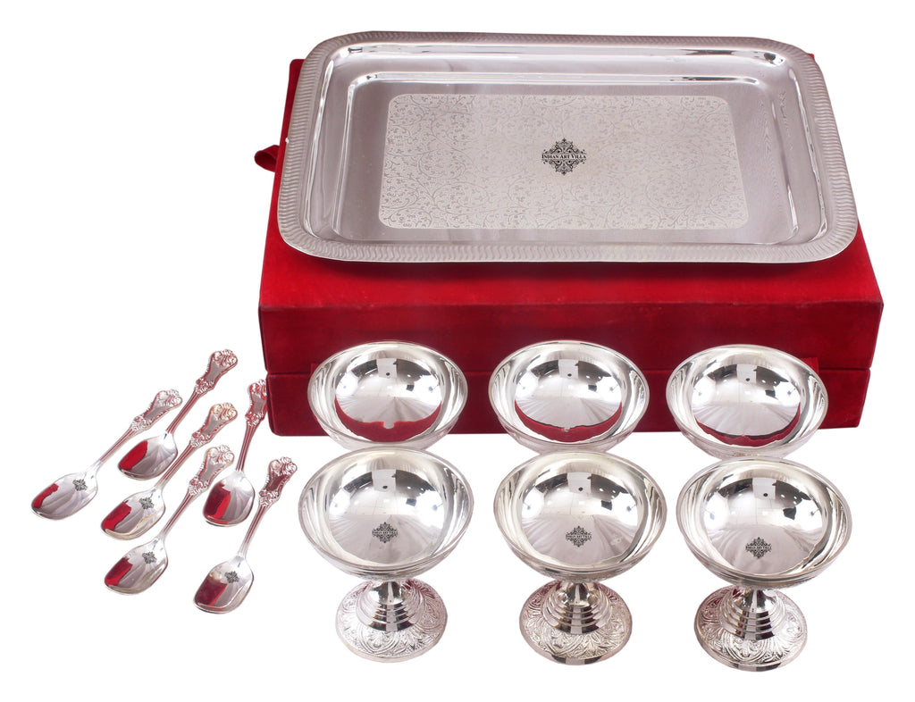 Silver Plated Set of 6 Ice Cream Bowl with 6 Spoon & 1 Tray Silver Plated Ice-Cream Bowl Sets SP-3