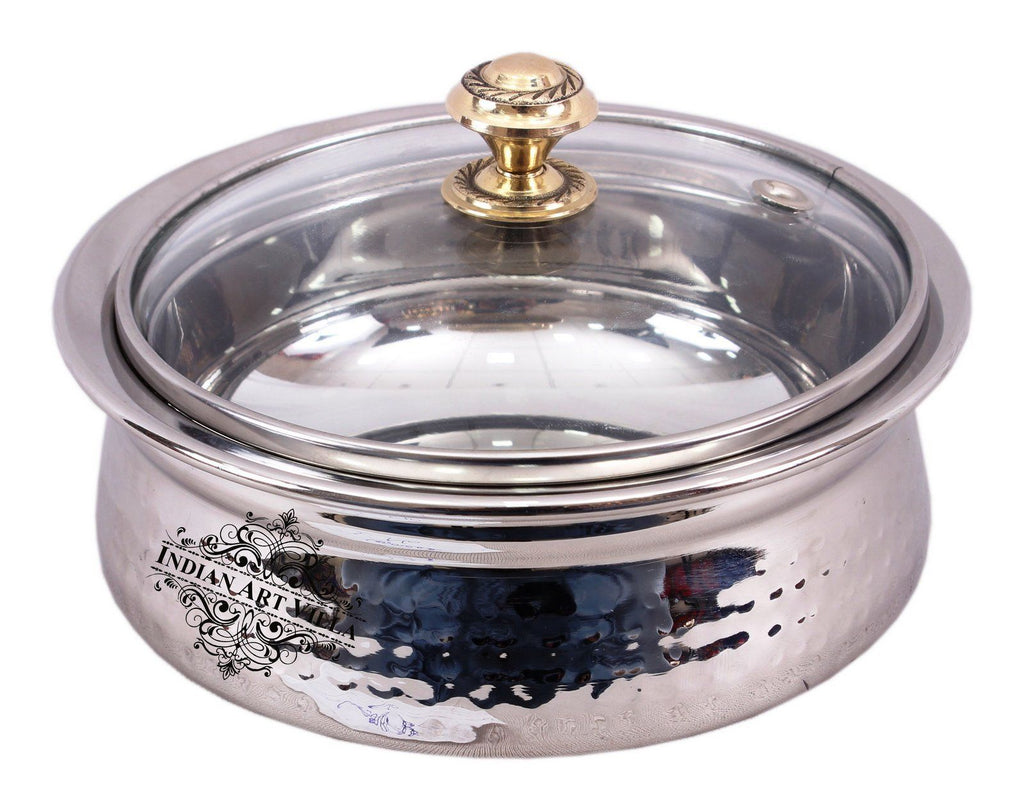 Stainless Steel Hammered Dish Serving Handi with Glass Lid