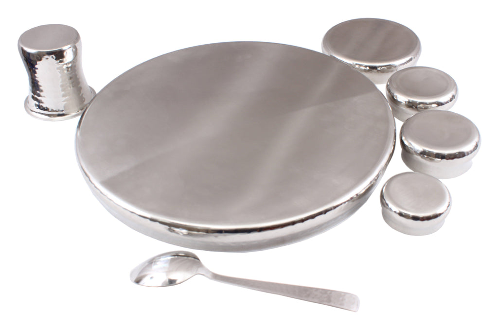 Steel 7 Piece Curved Thali Set (1 Thali, 2 Bowl, 1 Chutni, 1 Pudding Plate, 1 Curved Glass, 1 Spoon) Steel Dinner Sets SB-TW 