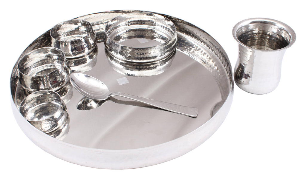 Steel 7 Piece Curved Thali Set (1 Thali, 2 Bowl, 1 Chutni, 1 Pudding Plate, 1 Curved Glass, 1 Spoon) Steel Dinner Sets SB-TW 