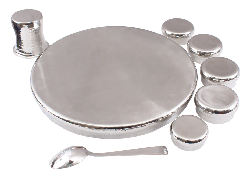 Steel 8 Piece Curved Thali Set (1 Thali, 4 Bowl, 1 Chutni, 1 Curved Glass, 1 Spoon) Steel Dinner Sets SB-TW 