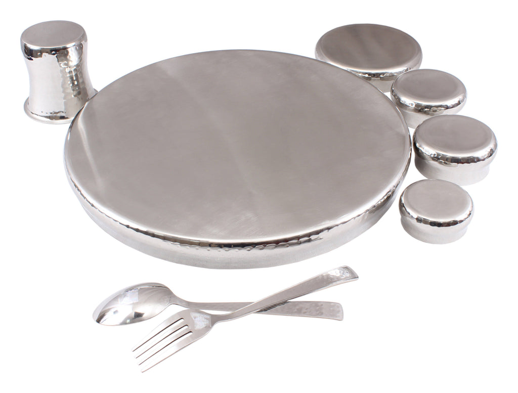 Steel 9 Piece Curved Thali Set (1 Thali, 3 Bowl, 1 Chutni, 1 Pudding Plate, 1 Curved Glass, 1 Spoon, 1 Fork) Steel Dinner Sets SS-5 