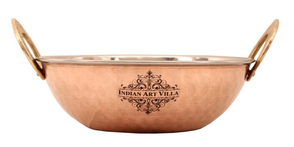 Steel Copper 1 Kadai Wok Bowl | 700 ML | with 1 Spoon Steel Copper Serve Ware Combo Indian Art Villa