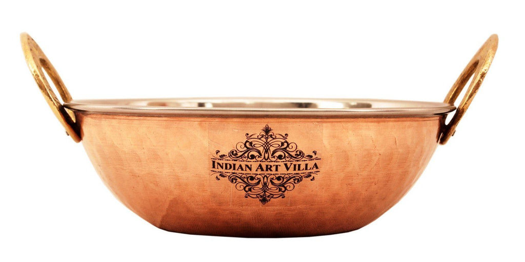 Steel Copper Dish Serving Handi | 750 ML | with 1 Kadhai Kadai Wok Bowl | 750 ML Steel Copper Serve Ware Combo Indian Art Villa