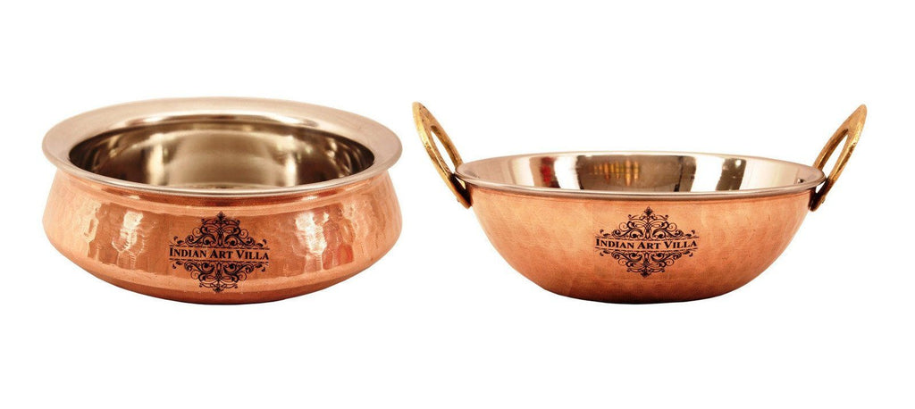 Steel Copper Dish Serving Handi | 750 ML | with 1 Kadhai Kadai Wok Bowl | 750 ML