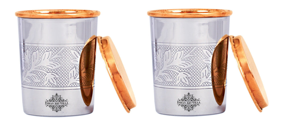 Steel Copper Embossed Design Glass with lid 8 Oz Set Copper Tumblers IAV-SCB-DW-197-E- 2 Pieces