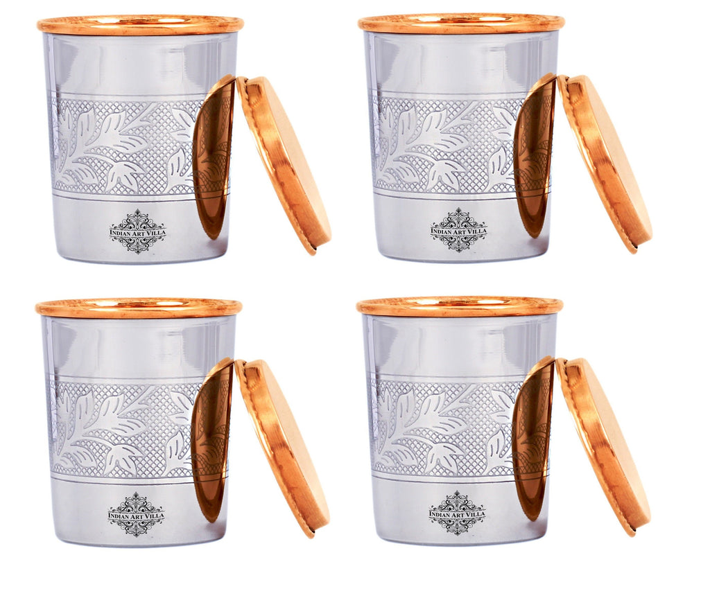 Steel Copper Embossed Design Glass with lid 8 Oz Set Copper Tumblers IAV-SCB-DW-197-E- 4 Pieces