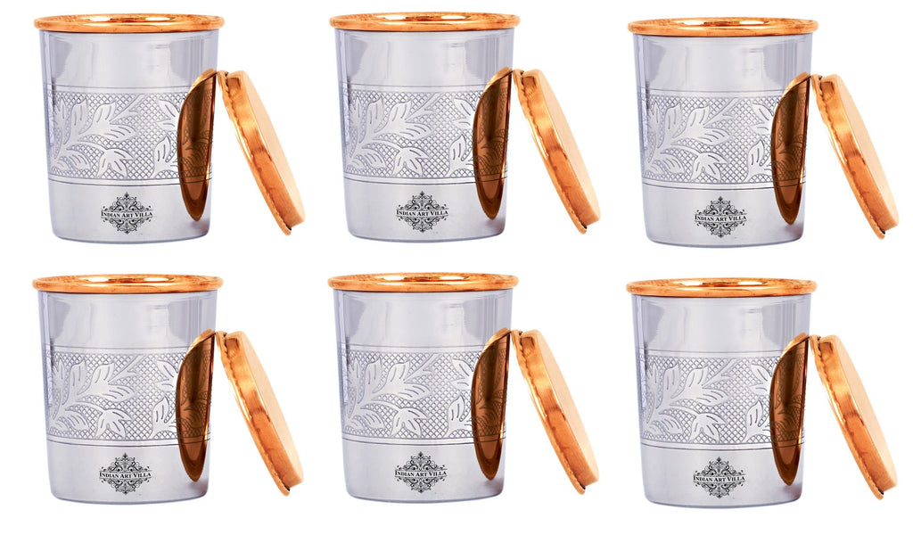 Steel Copper Embossed Design Glass with lid 8 Oz Set Copper Tumblers IAV-SCB-DW-197-E- 6 Pieces