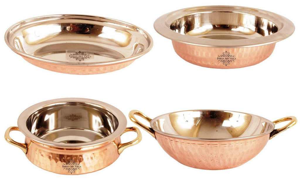Steel Copper Entrée Bowl | 450 ML | 1 Handi with Handle | 500 ML | 1 Platter | 600 ML | & 1 Kadhai | 400 ML