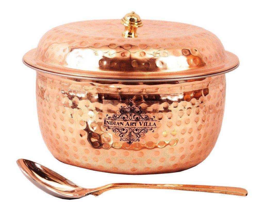 Steel Copper Hammered Casserole Donga with Lid | 1200 ML | & 1 Serving Spoon