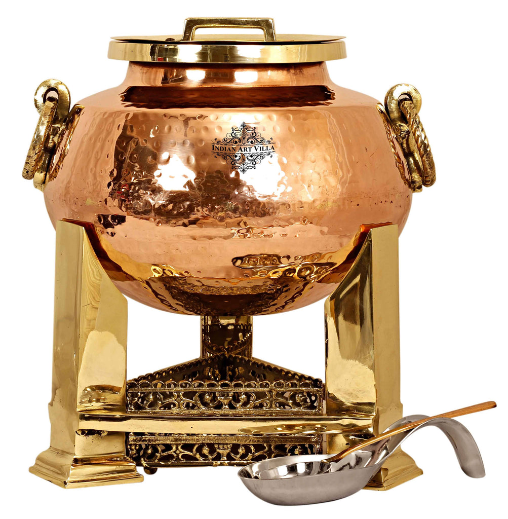 Steel Copper Hammered Chafing Dish with Brass fuel Gel Stand & Serving Spoon - 15 Ltr.
