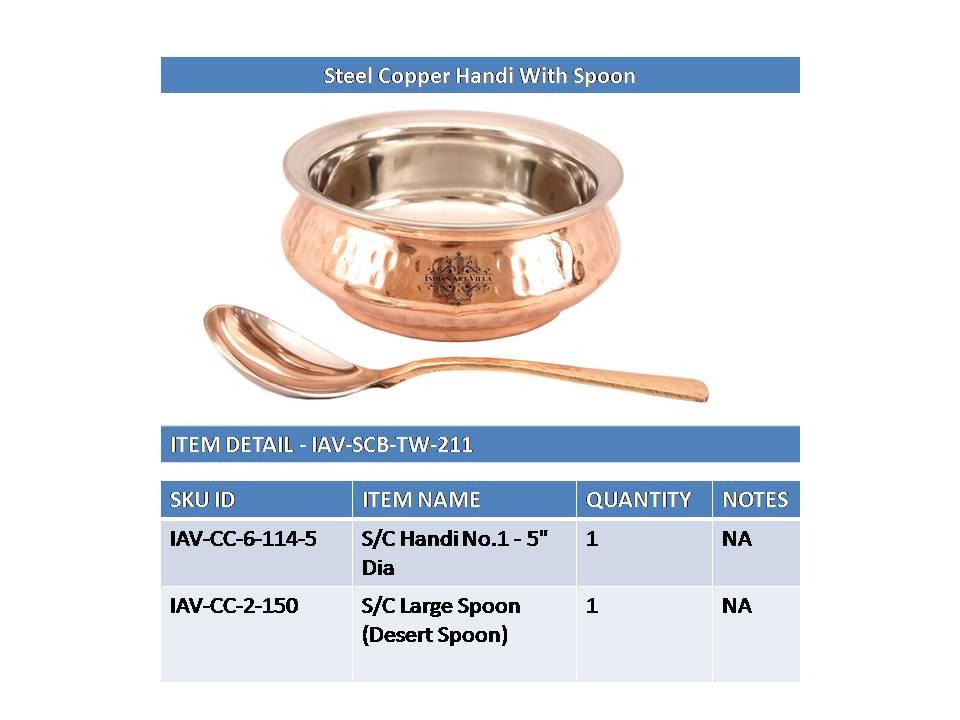 Steel Copper Handi | 300 ML | with Serving Spoon Steel Copper Serve Ware Combo Indian Art Villa